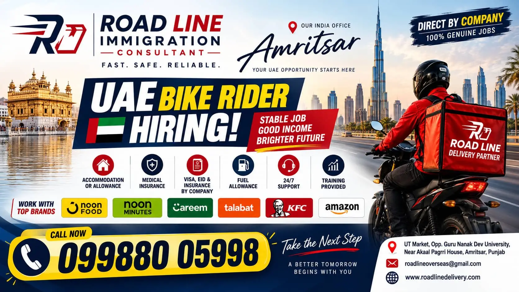 Roadline Immigration Consultant in Amritsar Hiring for Delivery Riders in UAE